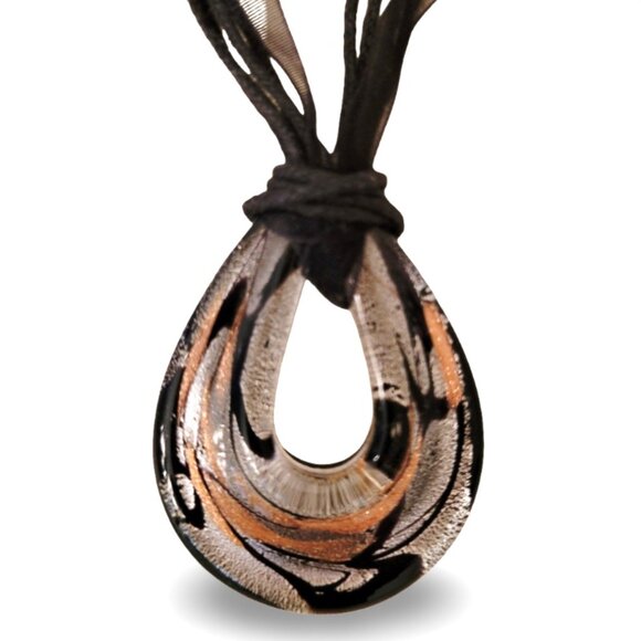 Molten Bronze Swirl Artisan Glass Teardrop Choker on Black Ribbon Necklace - Picture 2 of 6